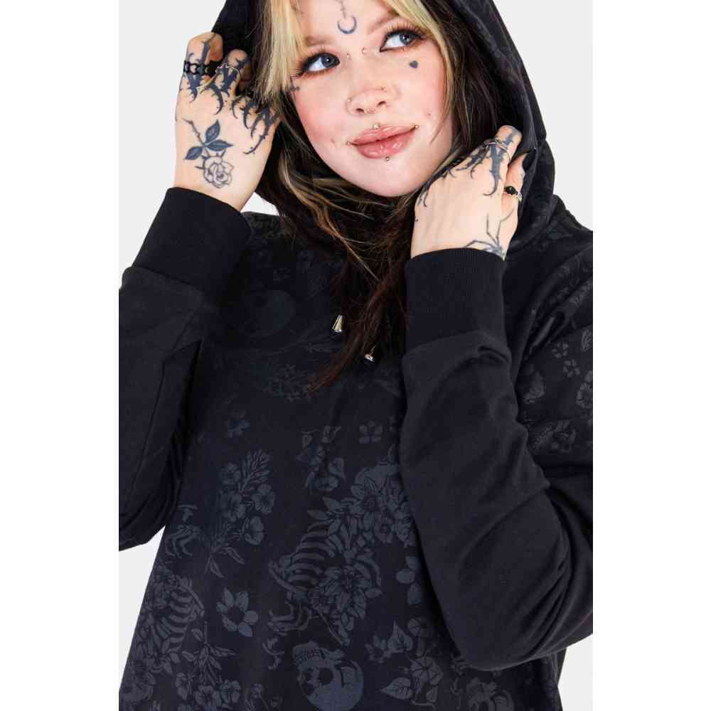 Jawbreaker - Skull And Flower Oversized Gothic Hoodie - Black